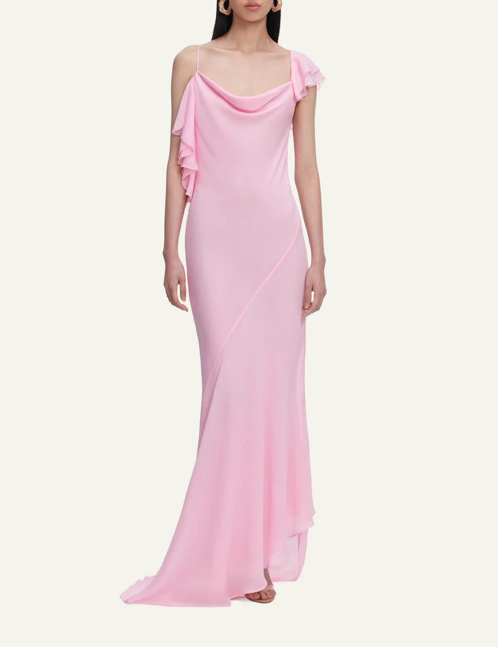 Self Portrait pink maxi dress cowl neck asymmetric front view