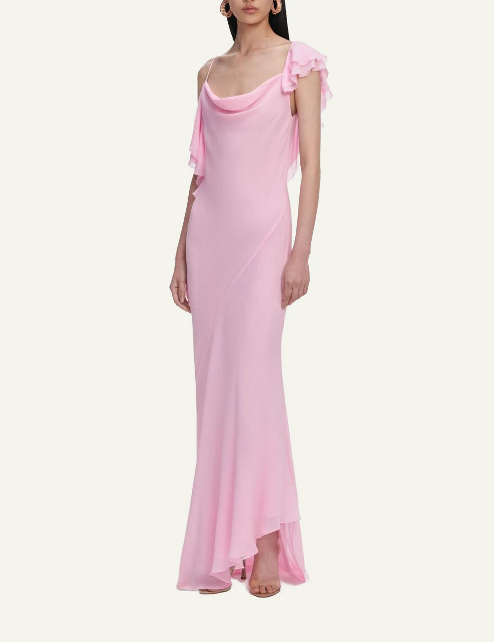 Self Portrait pink maxi dress cowl neck asymmetric side view