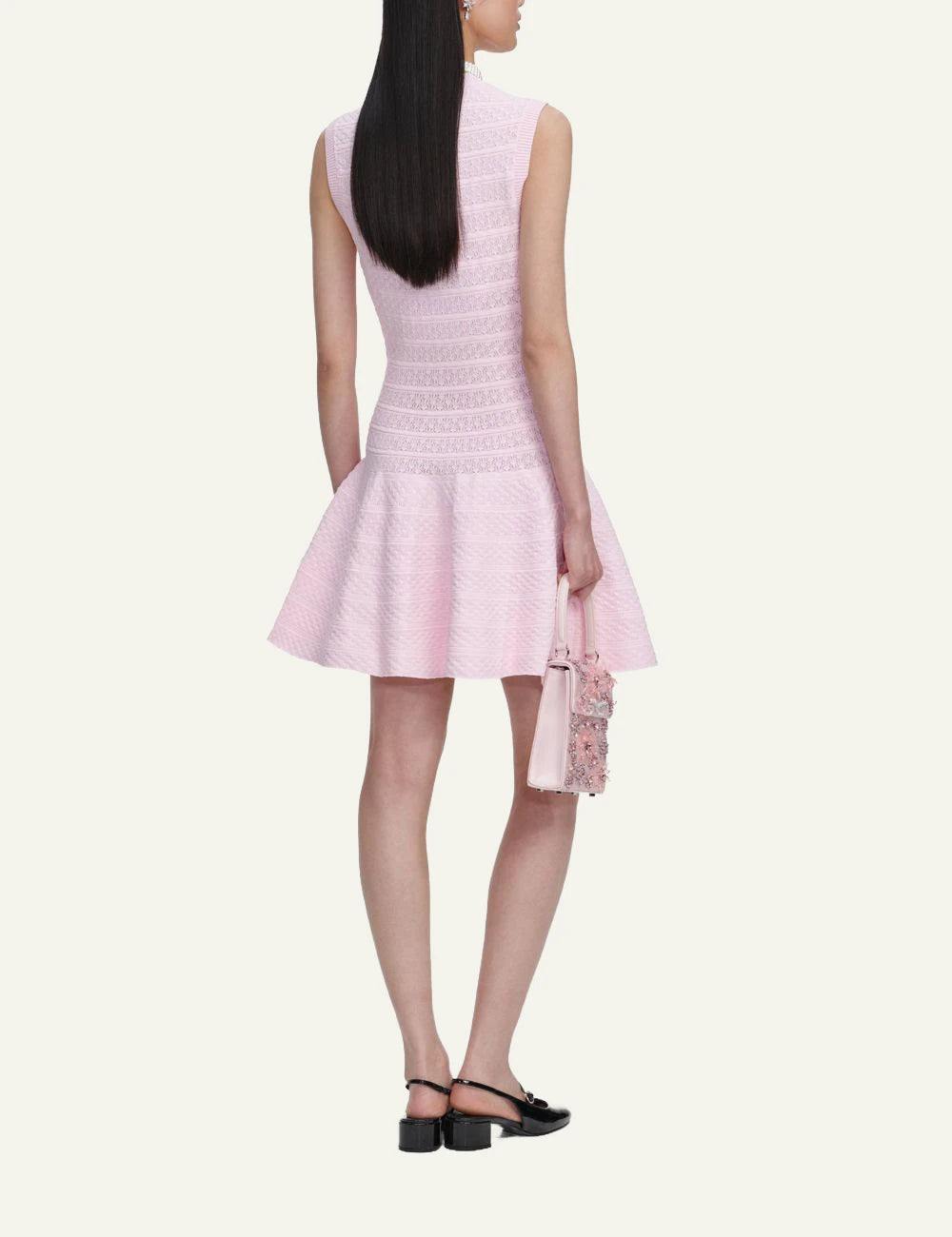 Self Portrait pink pointelle knit mini dress back view