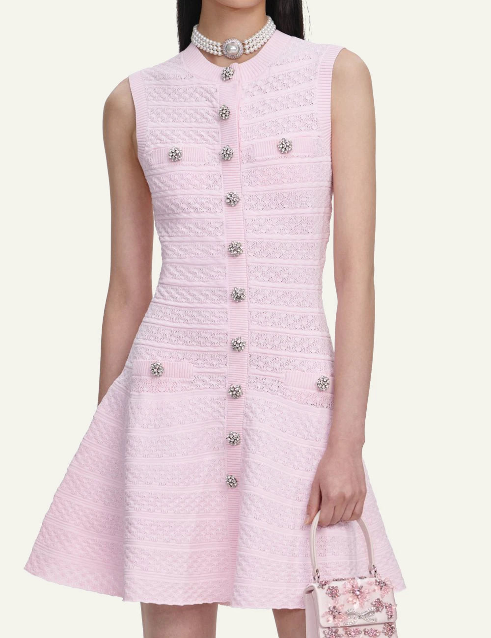 Self Portrait pink pointelle knit mini dress front view model