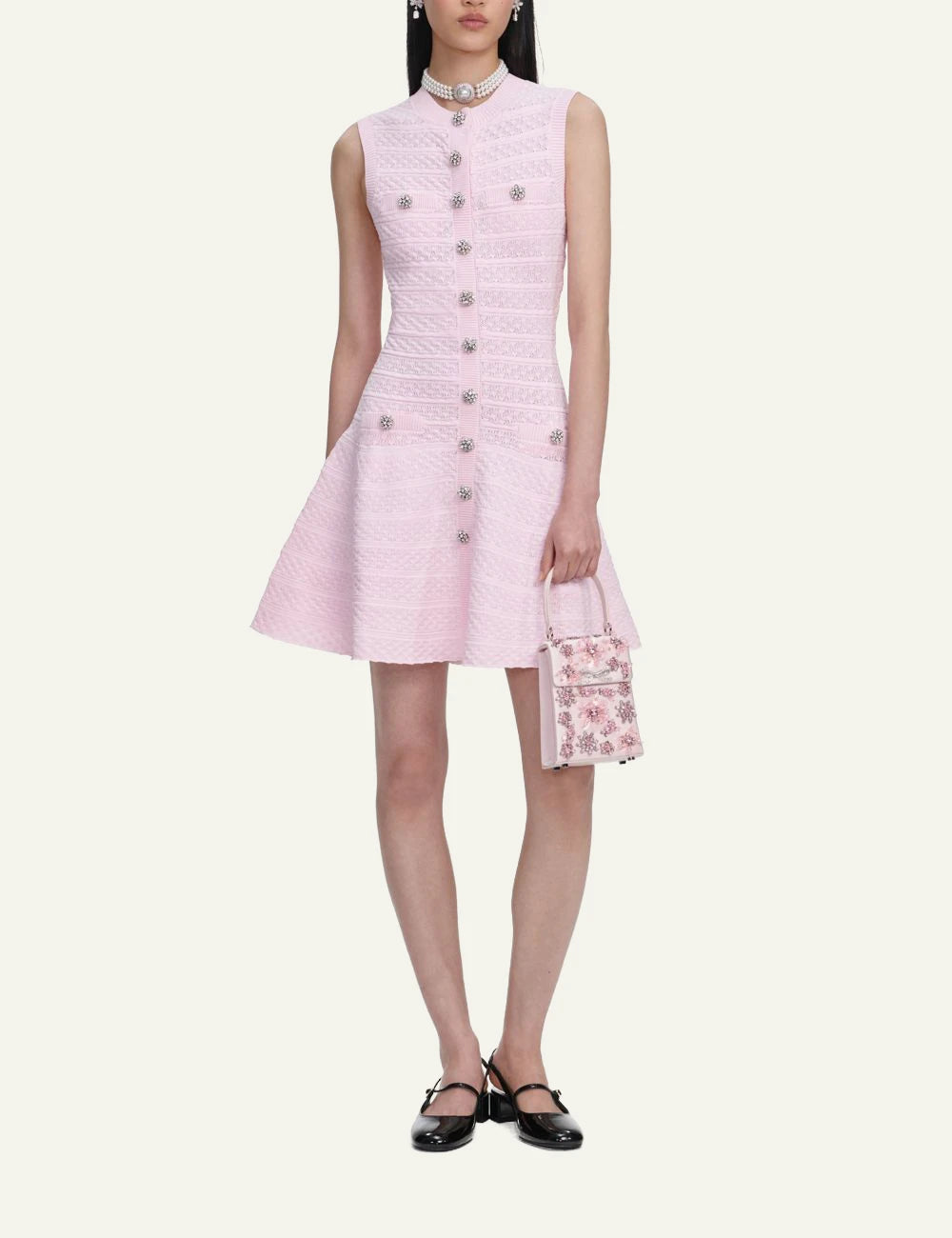Self Portrait pink pointelle knit mini dress front view full body