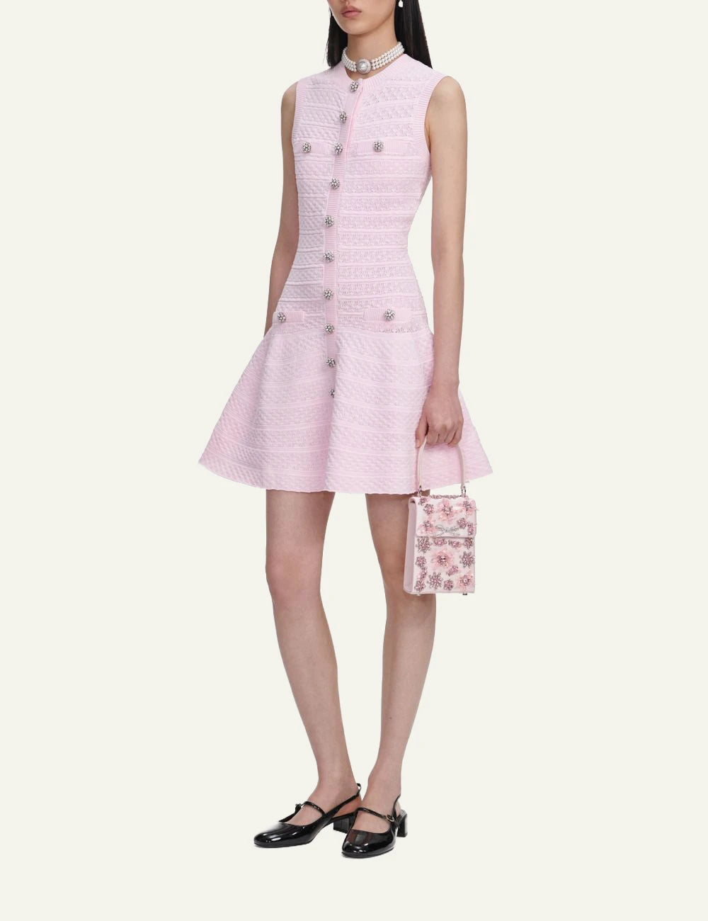 Self Portrait pink pointelle knit mini dress side view