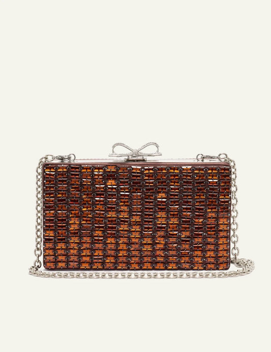 Self-Portrait brown crystal chainmail clutch bag product view