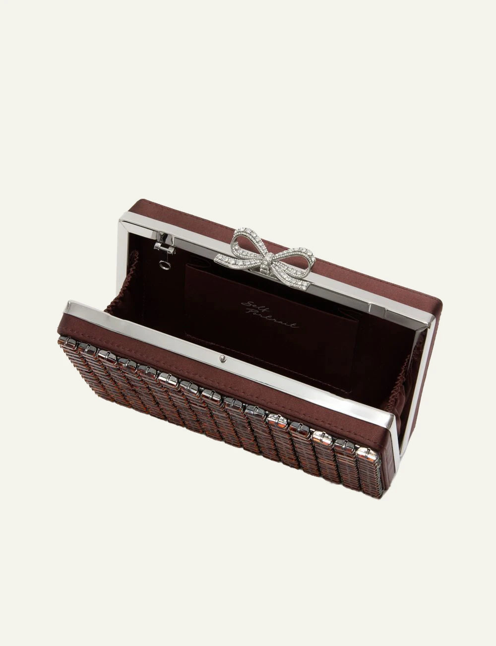 Self-Portrait brown crystal chainmail clutch bag interior view