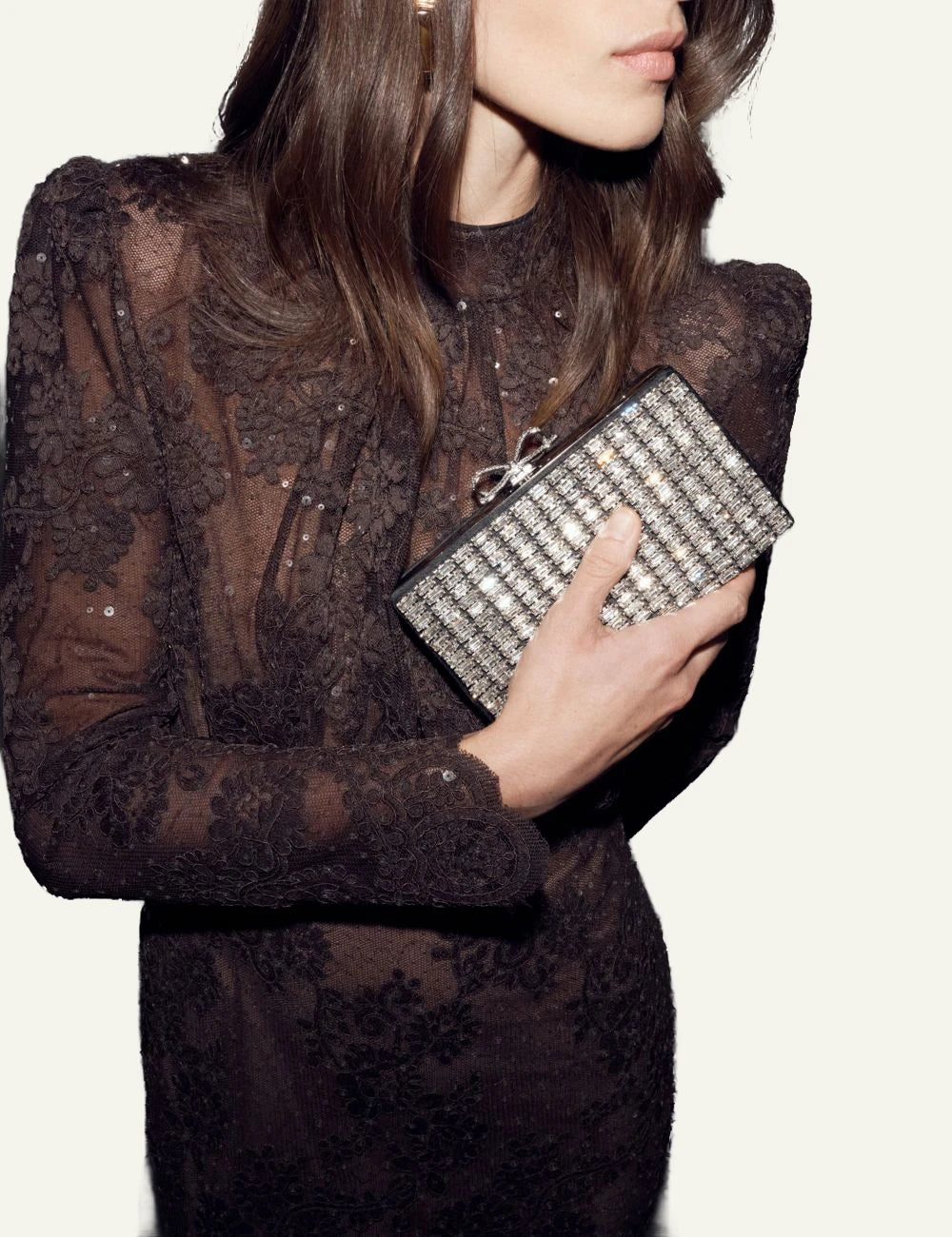 Self-Portrait silver crystal chainmail clutch bag worn by model