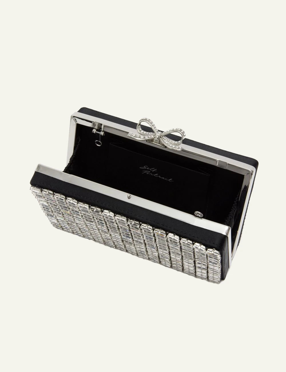 Self-Portrait silver crystal chainmail clutch bag interior view
