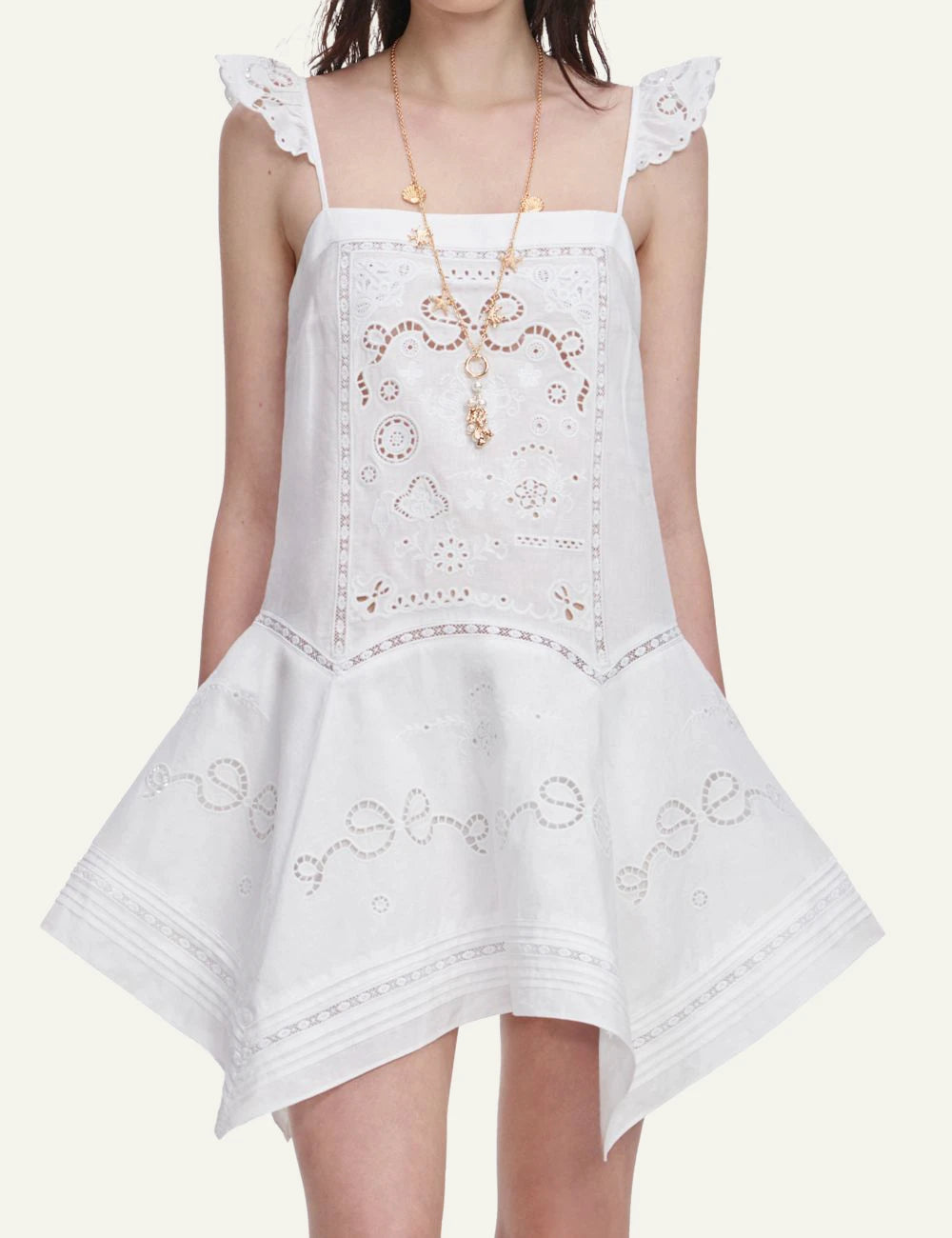 Self Portrait white cotton mini dress embroidery front model