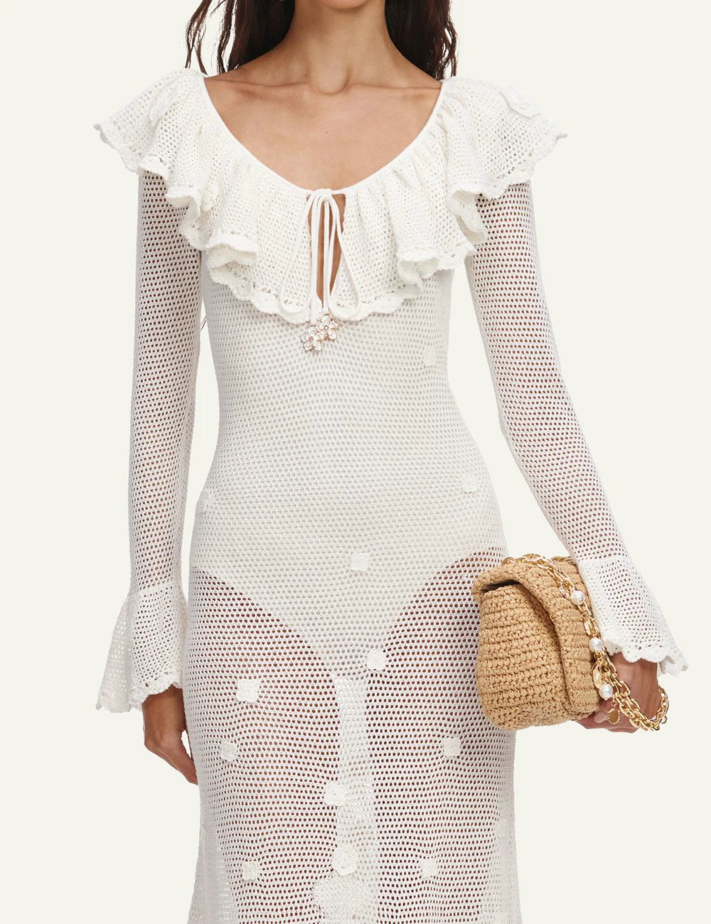 Self Portrait white crochet midi dress frill neckline front model view