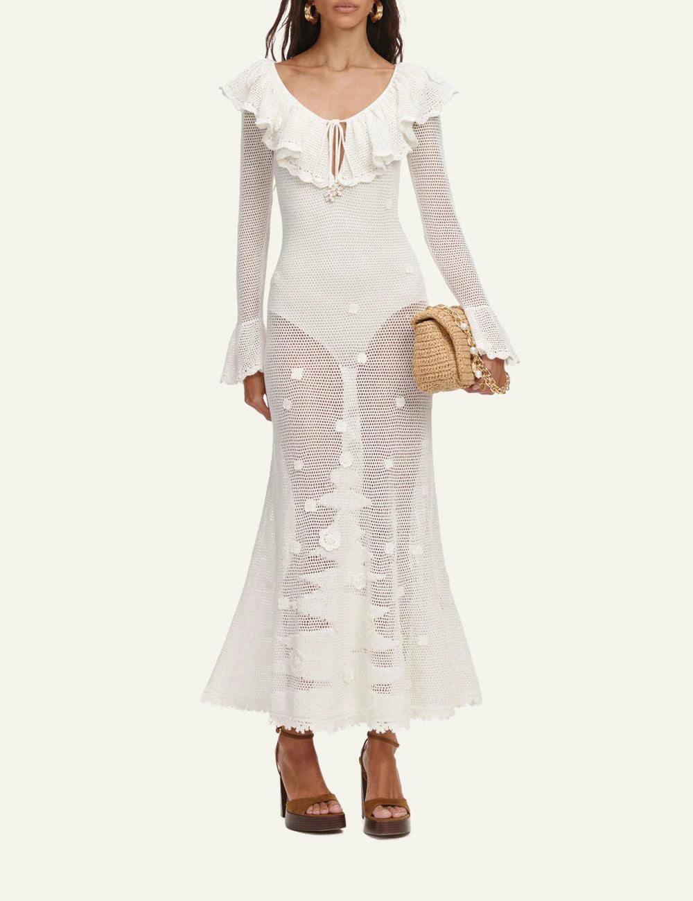 Self Portrait white crochet midi dress frill neckline front view