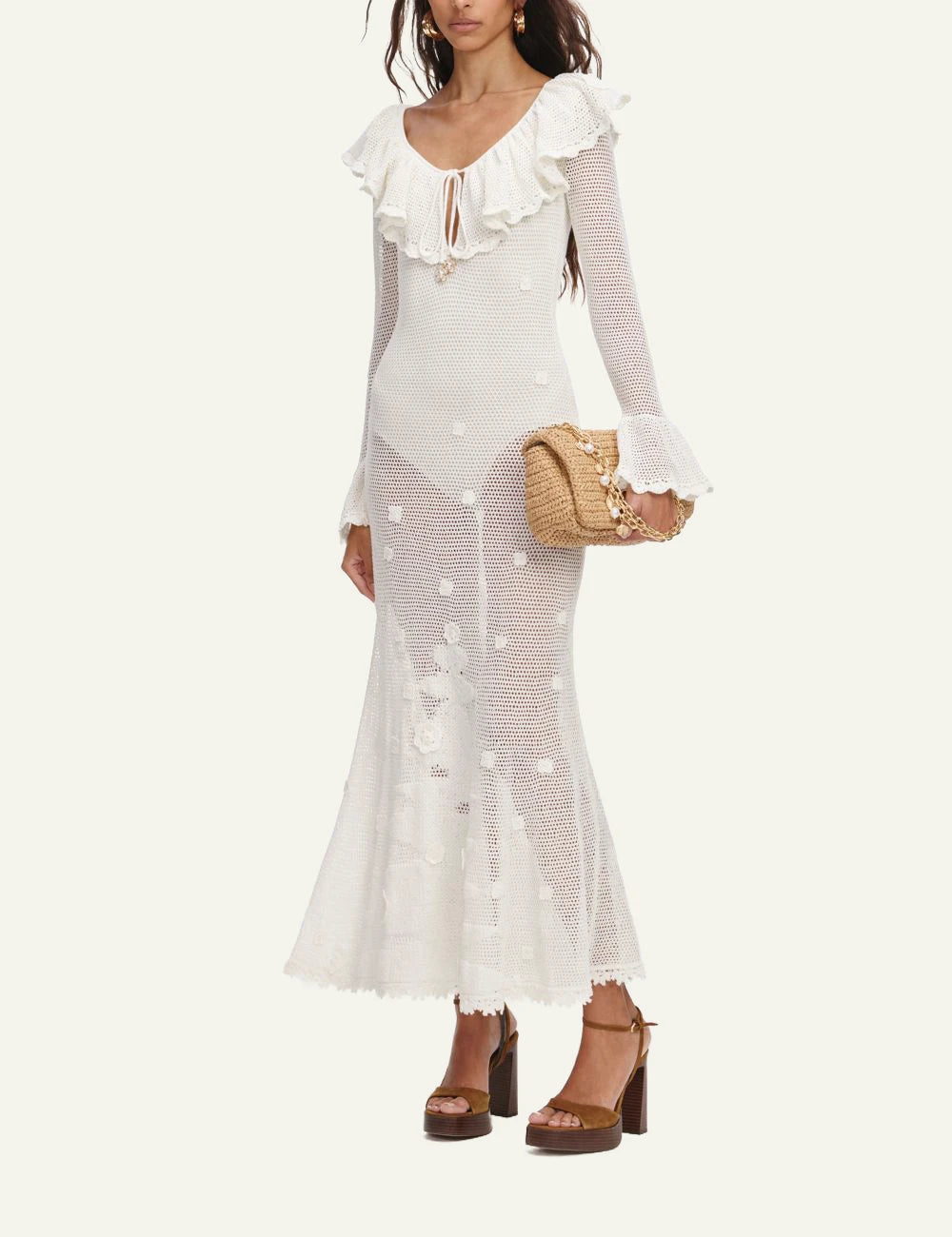 Self Portrait white crochet midi dress frill neckline side view