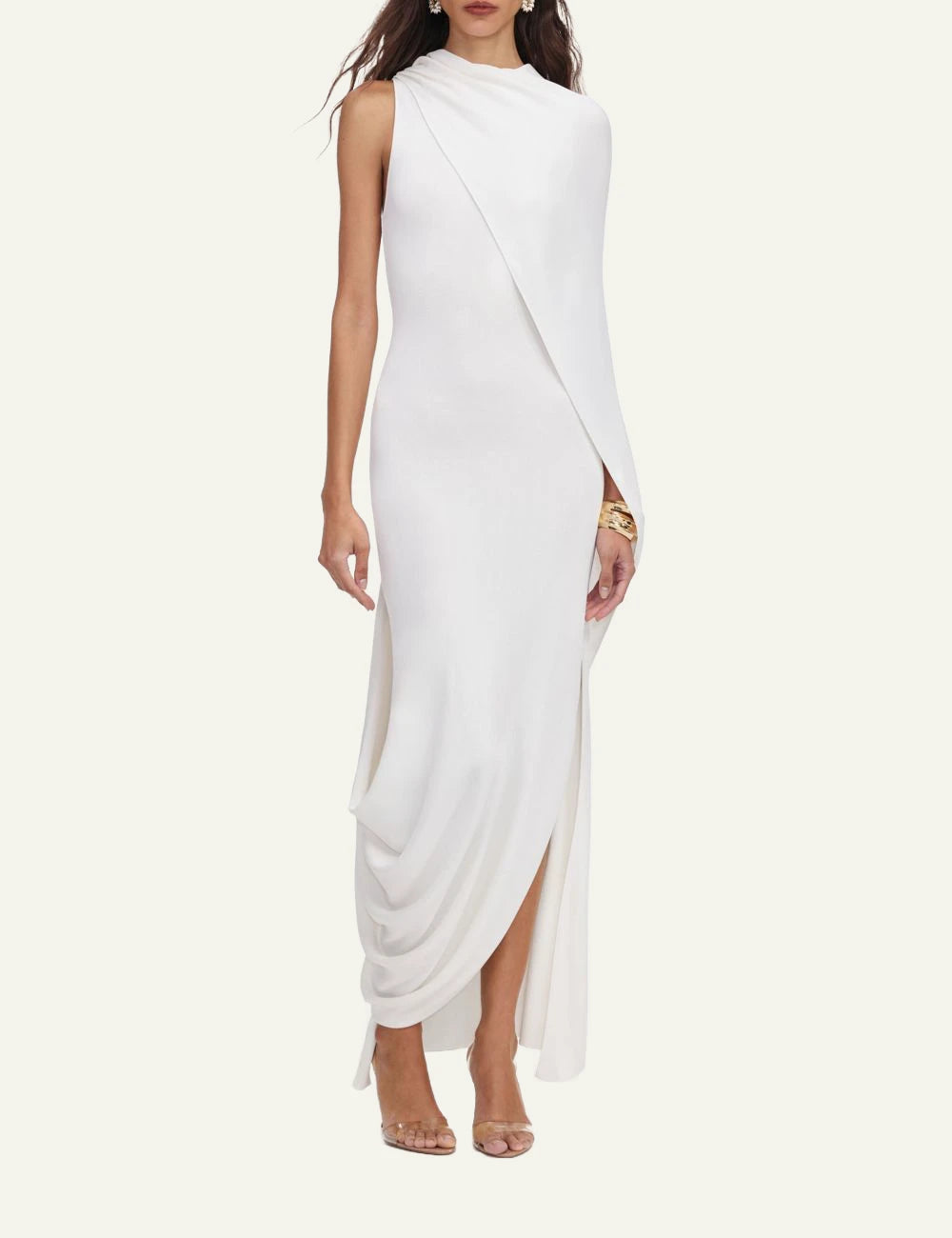 Self-Portrait white knit maxi dress with asymmetric neckline and draped detail
