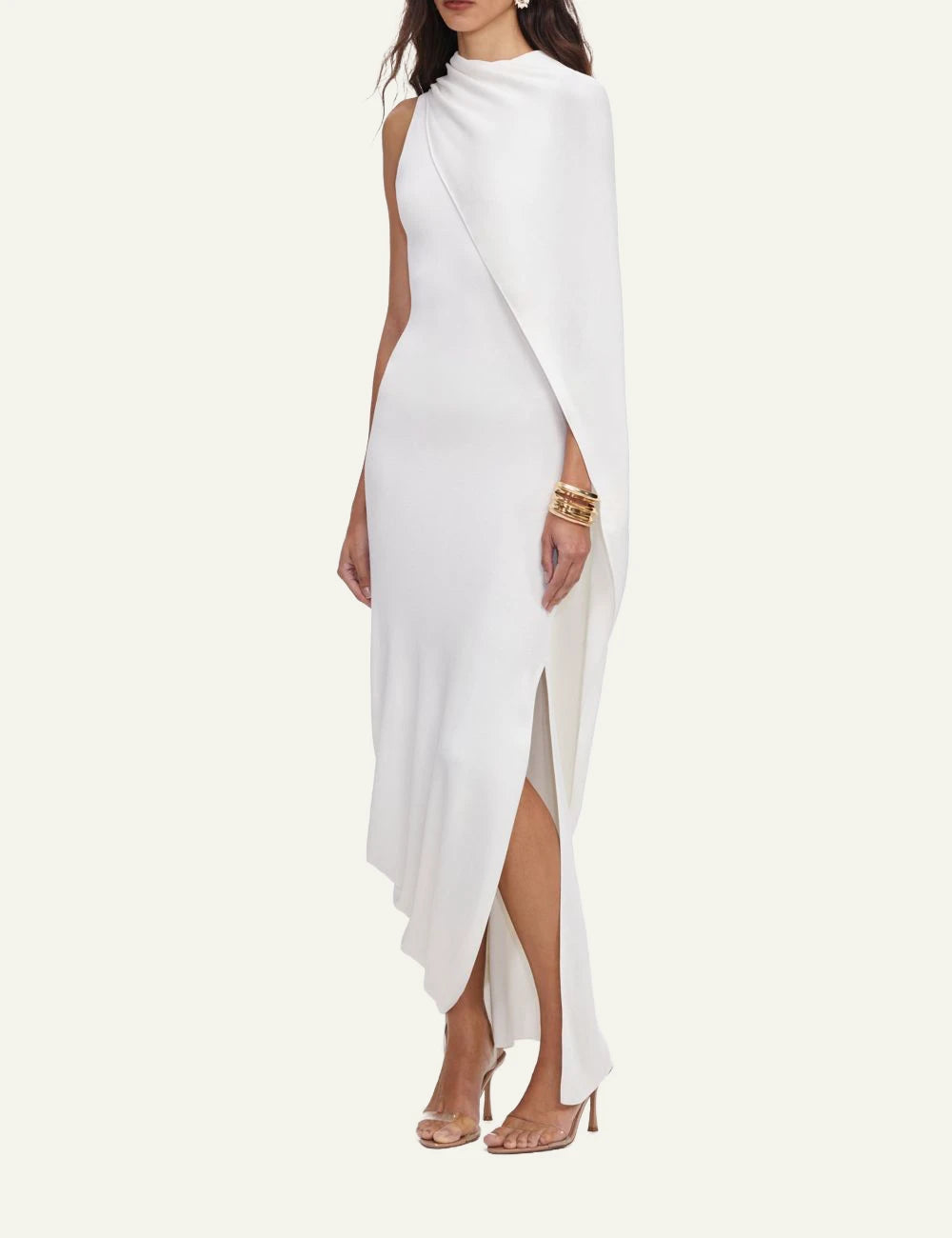 Self-Portrait white knit maxi dress with asymmetric neckline and draped detail side