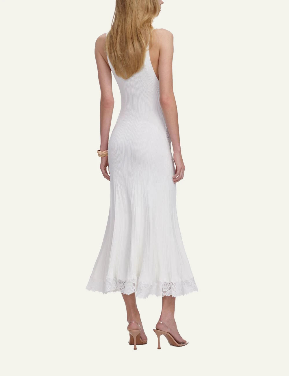 Self Portrait white knit midi dress lace detail back view