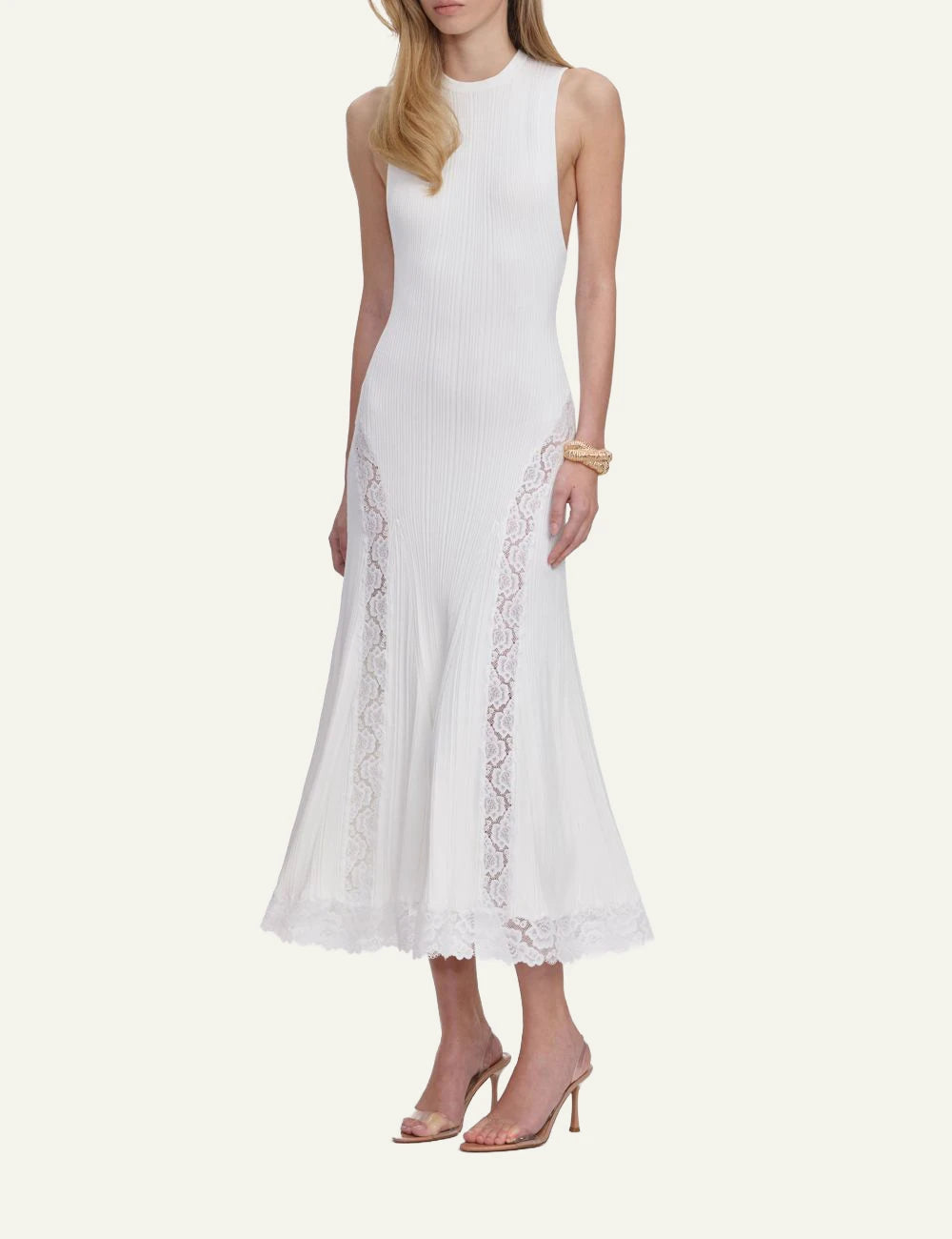 Self Portrait white knit midi dress lace detail side view