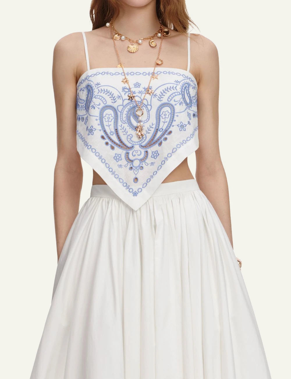 Self Portrait white linen crop top blue bandana front model