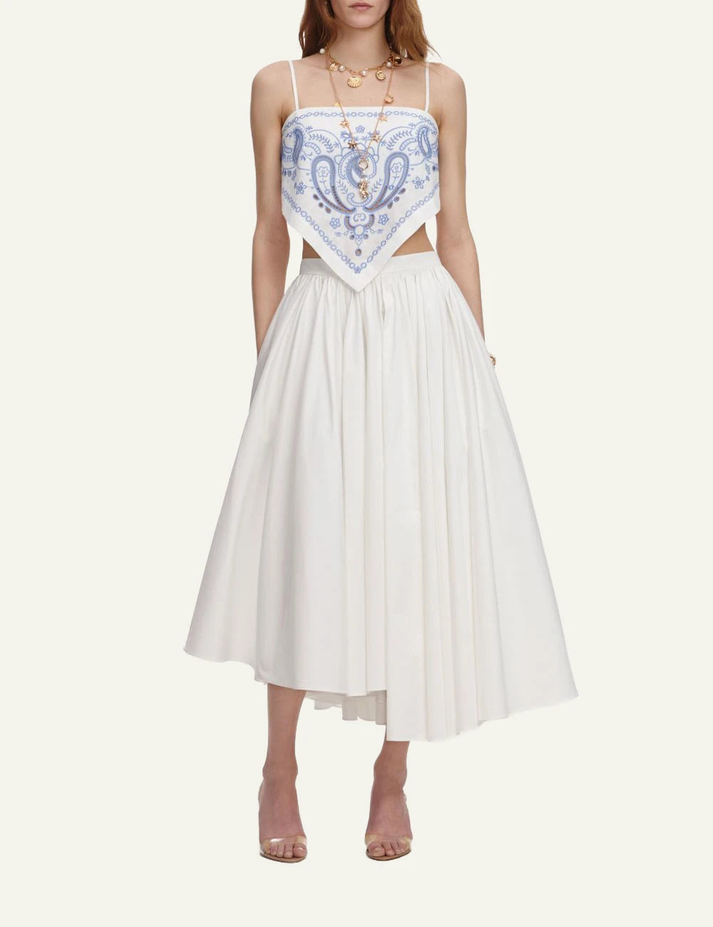 Self Portrait white linen crop top blue bandana front detail