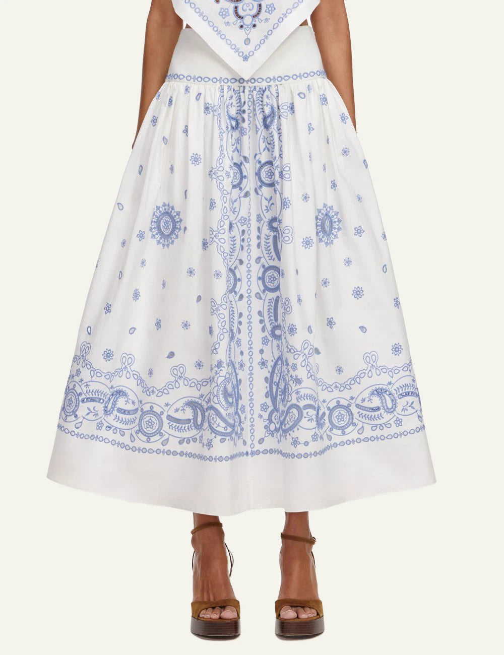 Self Portrait white linen midi skirt blue bandana print front model view