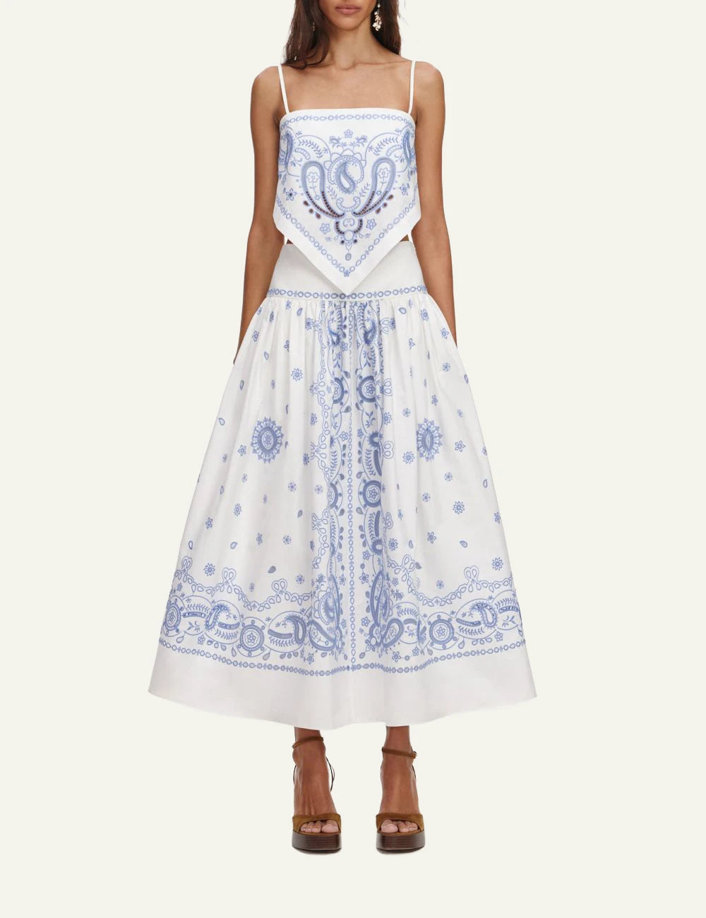 Self Portrait white linen midi skirt blue bandana print front view