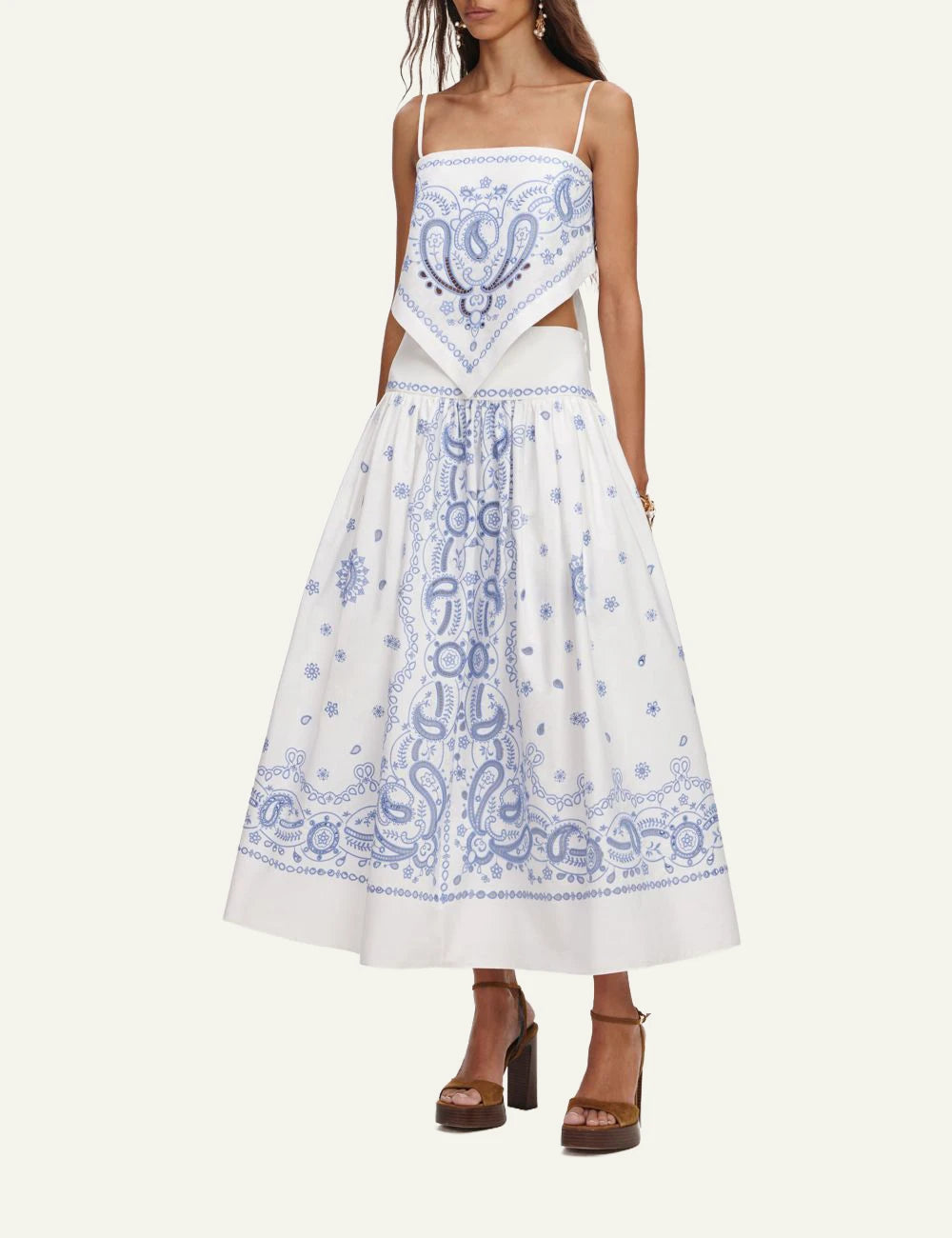 Self Portrait white linen midi skirt blue bandana print side view