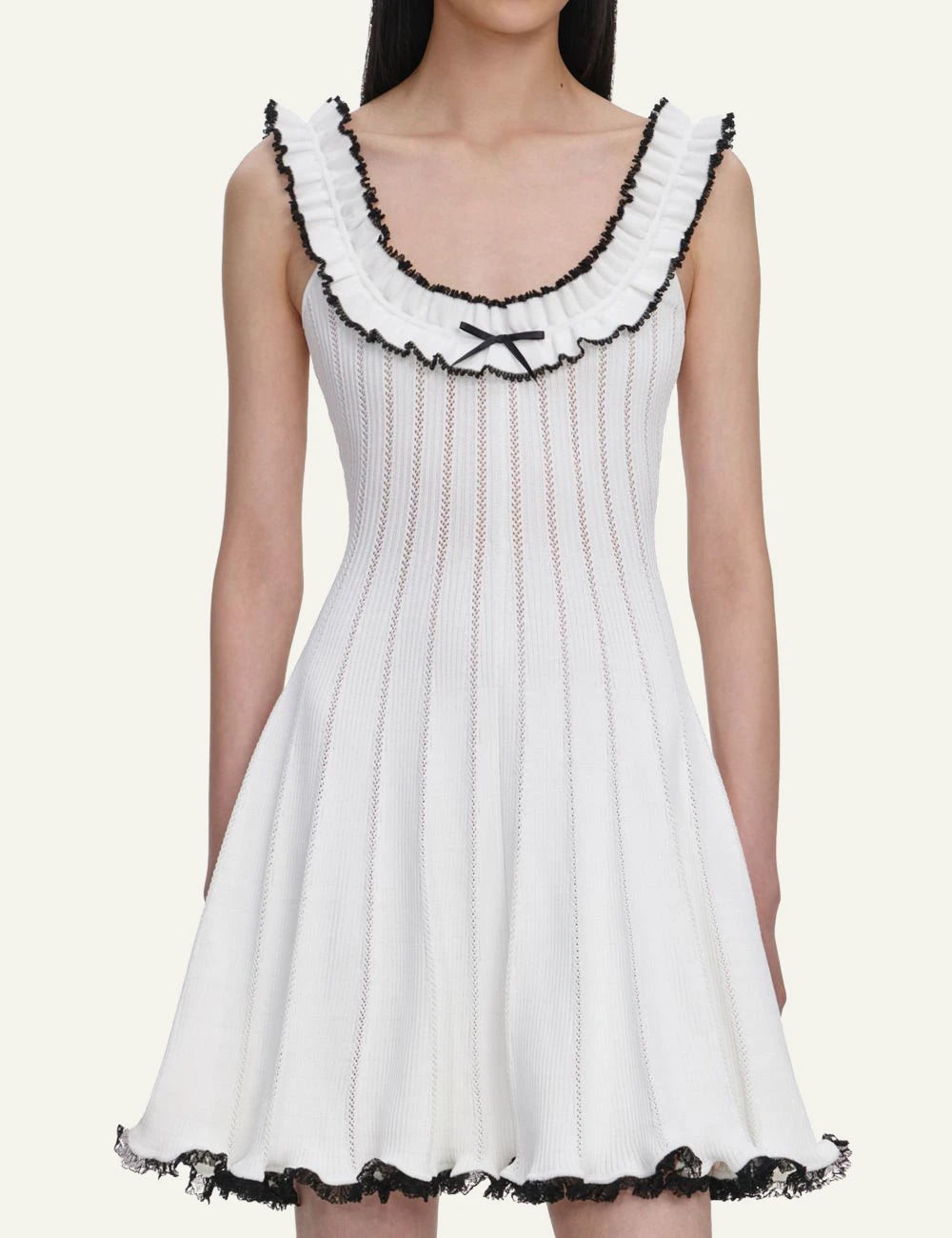 Self Portrait white pointelle knit mini dress contrast trim front model view