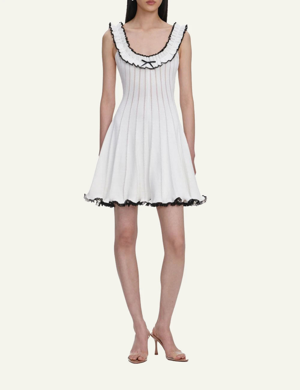 Self Portrait white pointelle knit mini dress contrast trim front full body view