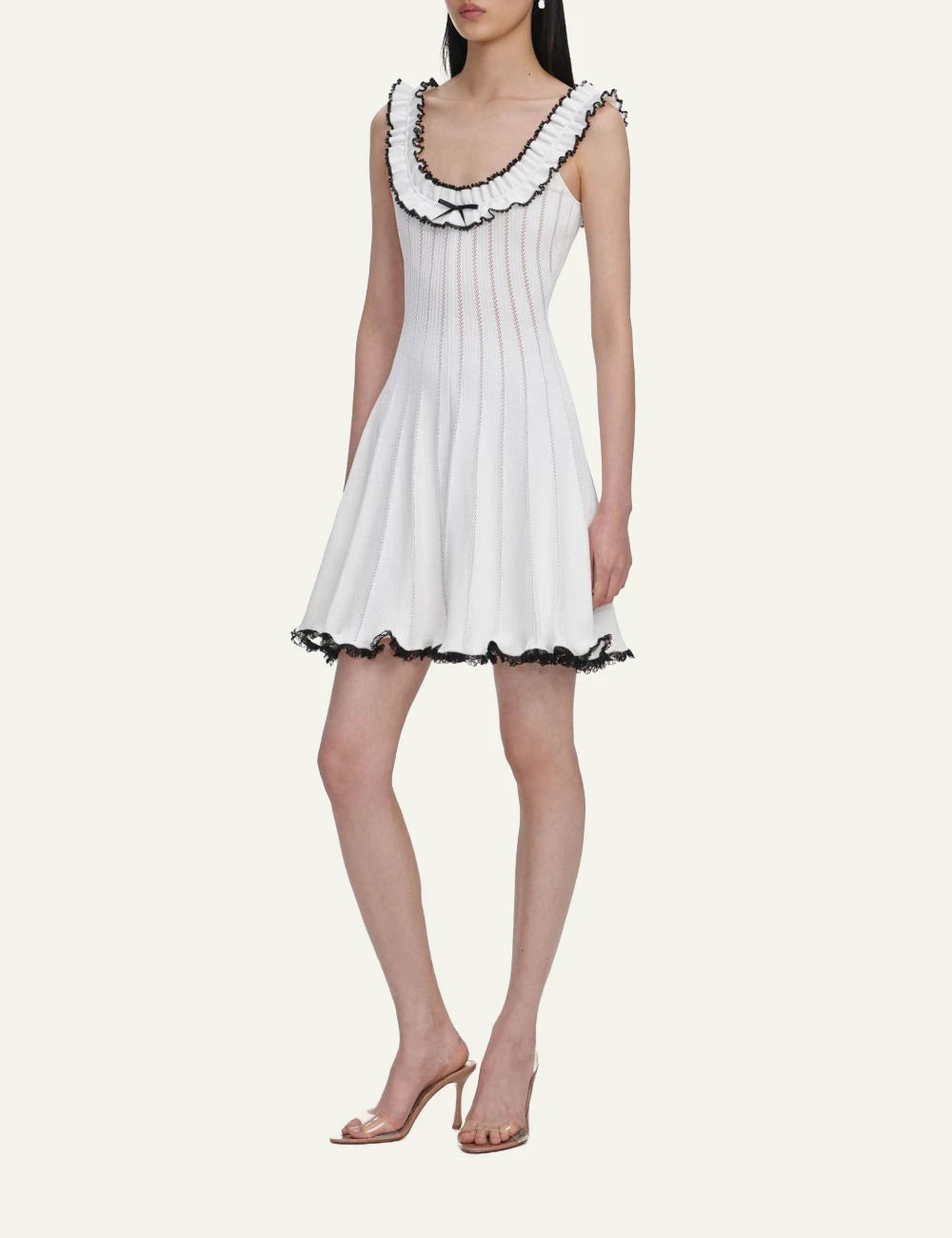 Self Portrait white pointelle knit mini dress contrast trim side view