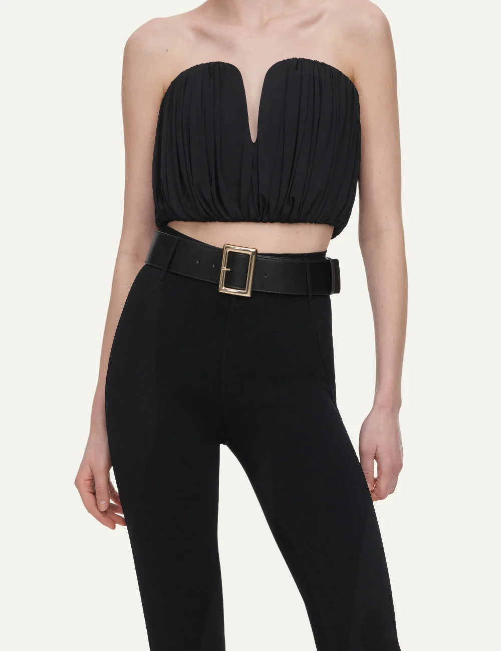 Self-Portrait women's black strapless cropped bandeau top with deep V neckline and gathered pleated detailing