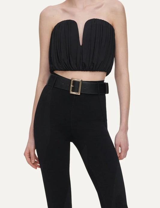 Self-Portrait women's black strapless cropped bandeau top with deep V neckline and gathered pleated detailing