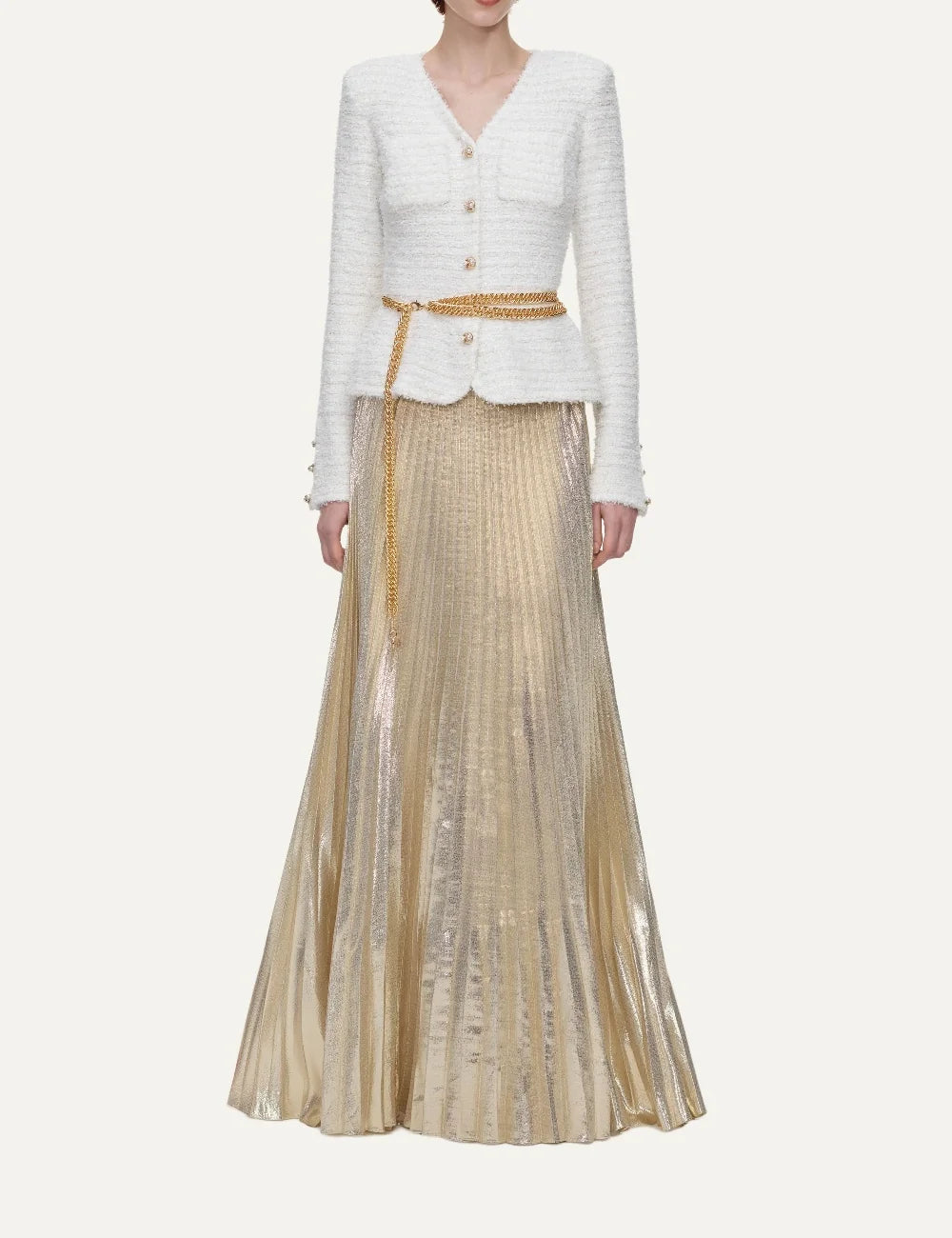 Self-Portrait women cream bouclé knit and gold pleated chiffon maxi dress with chain be