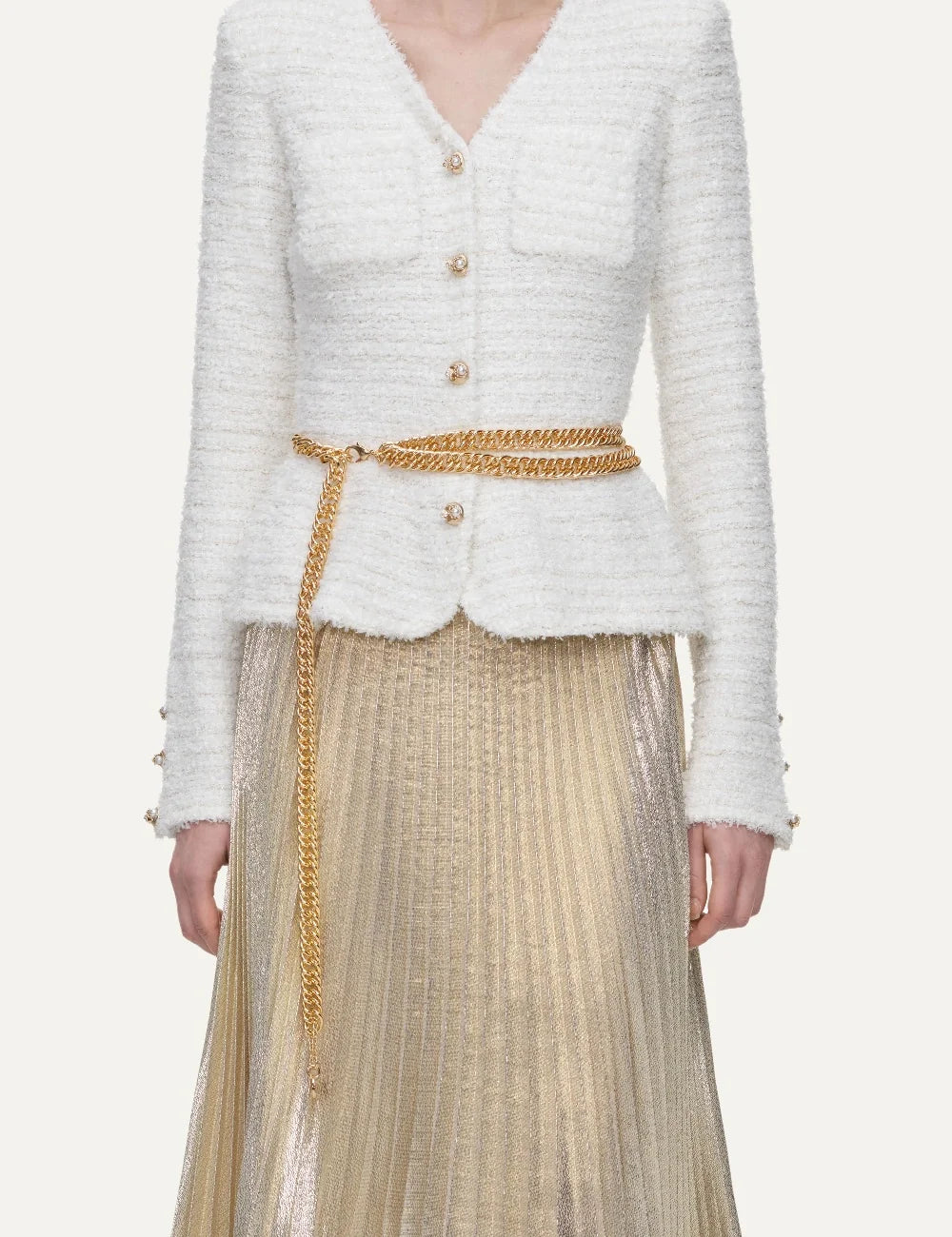 Self-Portrait women cream bouclé knit and gold pleated chiffon maxi dress with chain be model