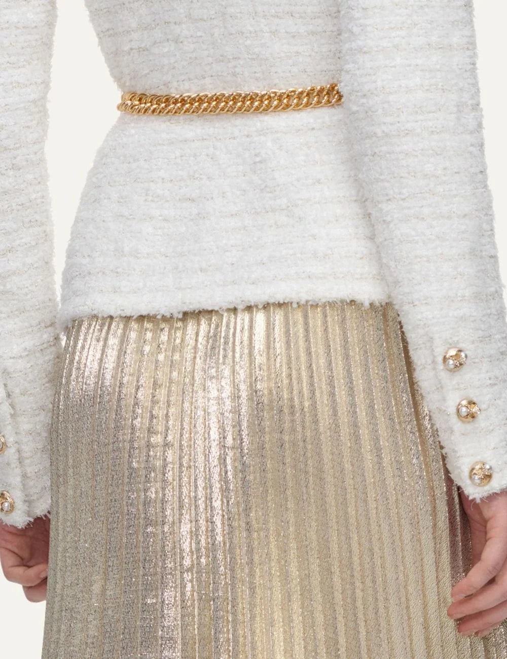 Self-Portrait women cream bouclé knit and gold pleated chiffon maxi dress with chain be back