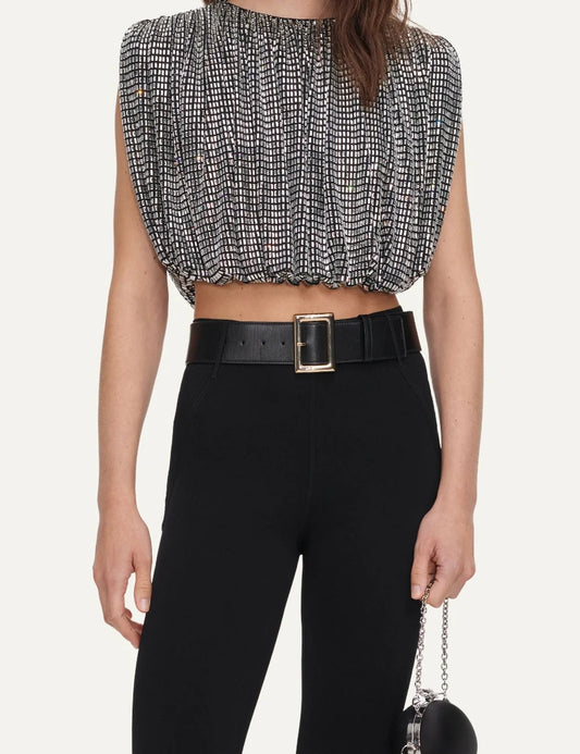Self-Portrait women's silver cropped rhinestone top with round neckline, structured shoulders and draped detailing