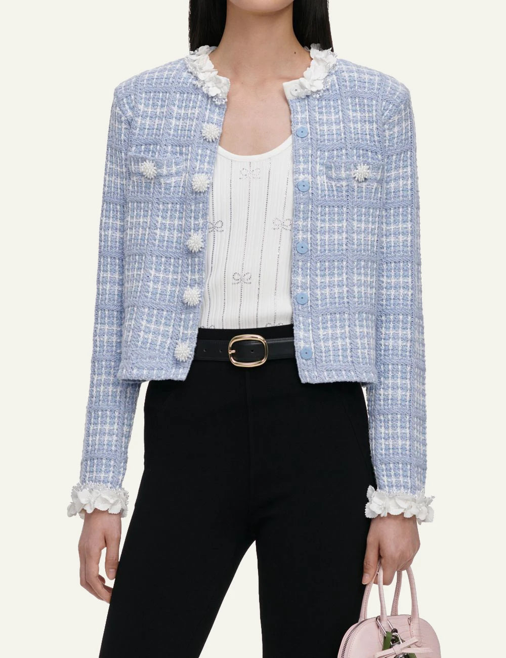 Self-Portrait Women’s Baby Blue Knit Jacket With 3D Flowers And Pearls