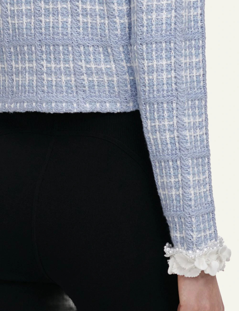 Self-Portrait Women’s Baby Blue Knit Jacket With 3D Flowers And Pearls detail
