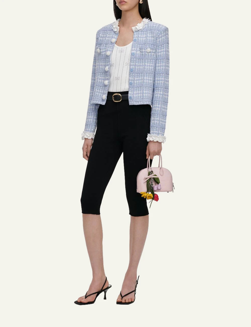 Self-Portrait Women’s Baby Blue Knit Jacket With 3D Flowers And Pearls full body