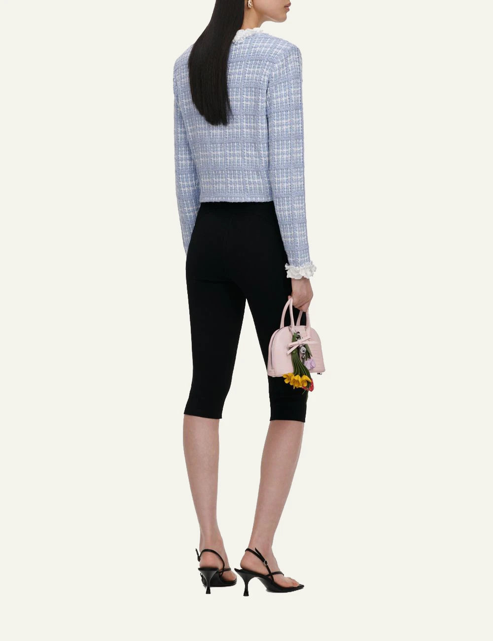 Self-Portrait Women’s Baby Blue Knit Jacket With 3D Flowers And Pearls back