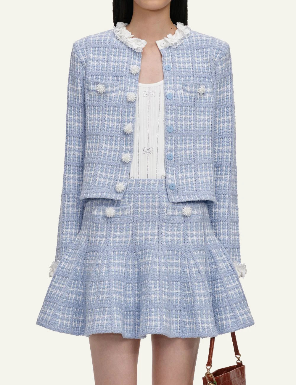Self-Portrait Women’s Baby Blue Knit Mini Skirt With Pearl Embellishments