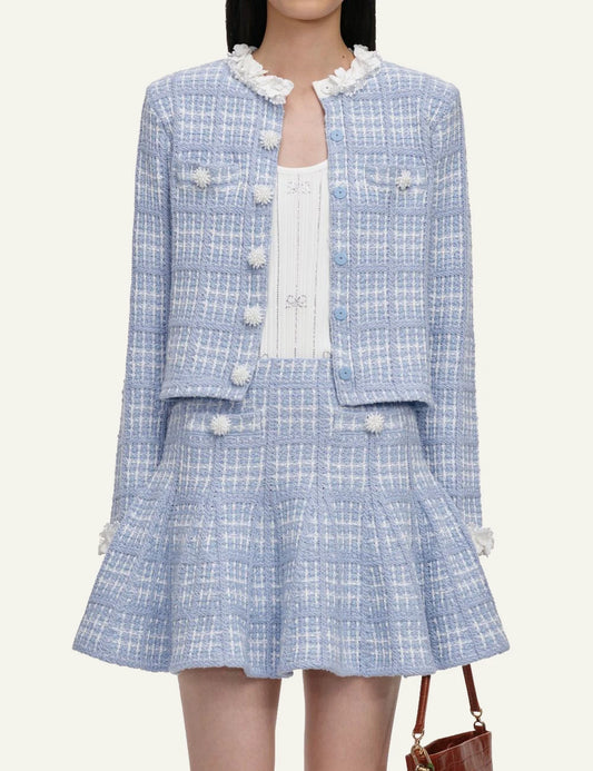 Self-Portrait Women’s Baby Blue Knit Mini Skirt With Pearl Embellishments