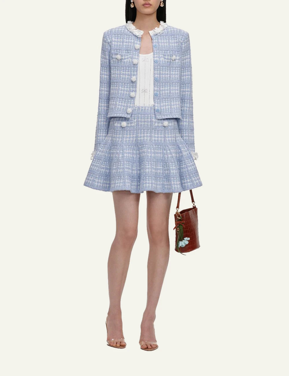 Self-Portrait Women’s Baby Blue Knit Mini Skirt With Pearl Embellishments full body