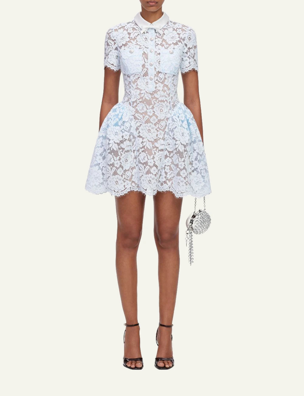 Self-Portrait Women’s Baby Blue Lace Mini Dress With Bow Collar And Crystal Buttons full body