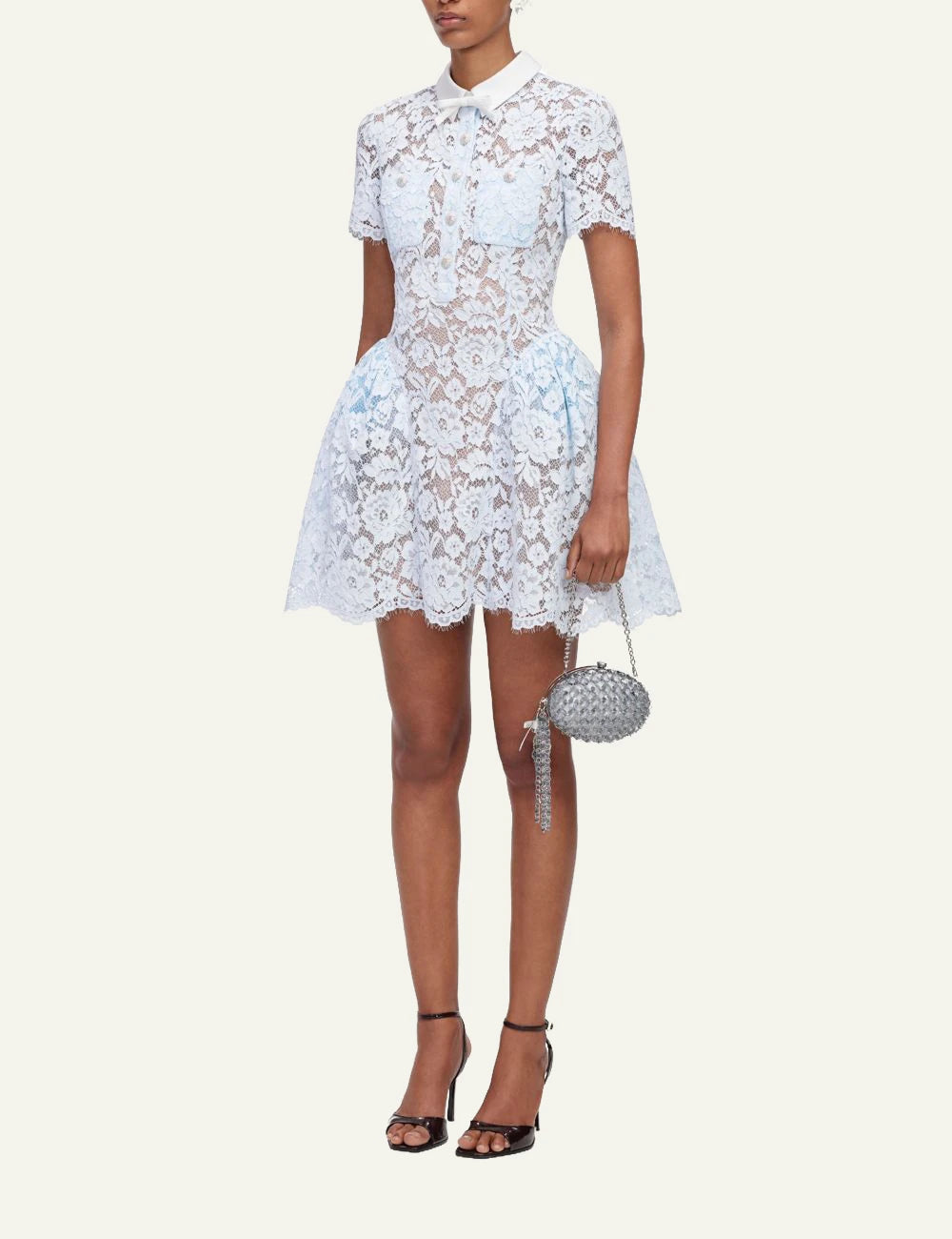 Self-Portrait Women’s Baby Blue Lace Mini Dress With Bow Collar And Crystal Buttons side