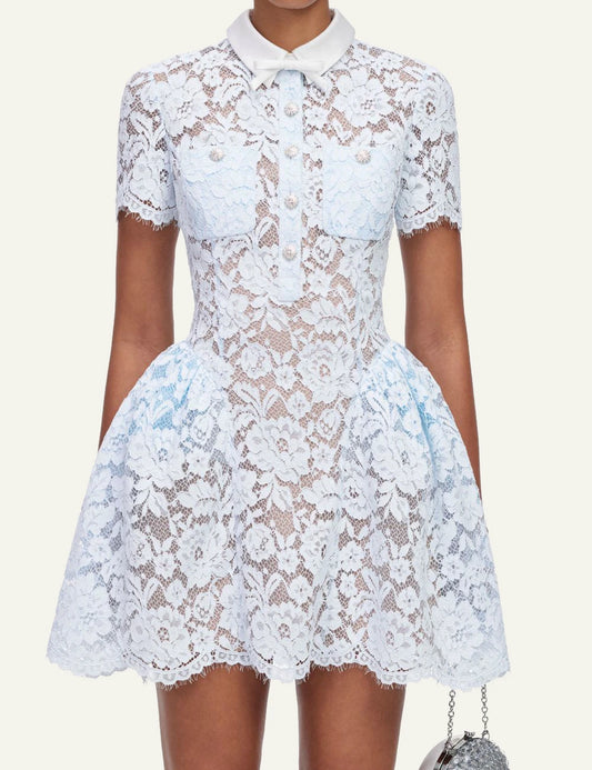 Self-Portrait Women’s Baby Blue Lace Mini Dress With Bow Collar And Crystal Buttons