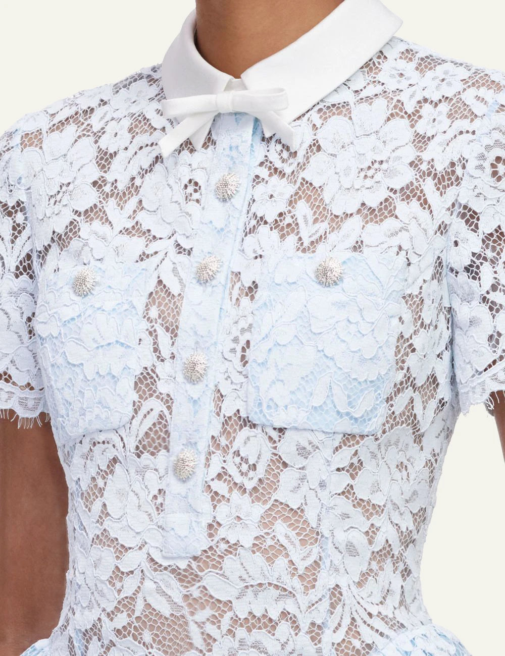 Self-Portrait Women’s Baby Blue Lace Mini Dress With Bow Collar And Crystal Buttons detail