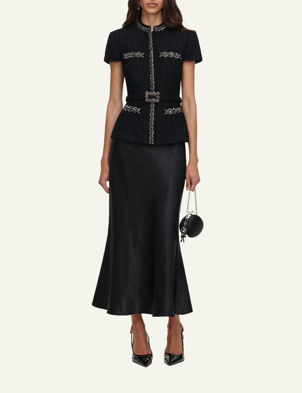 Self-Portrait Women’s Black Bouclé And Satin Midi Dress With Crystal Trims
