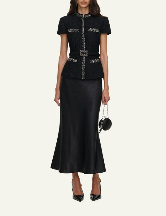 Self-Portrait Women’s Black Bouclé And Satin Midi Dress With Crystal Trims