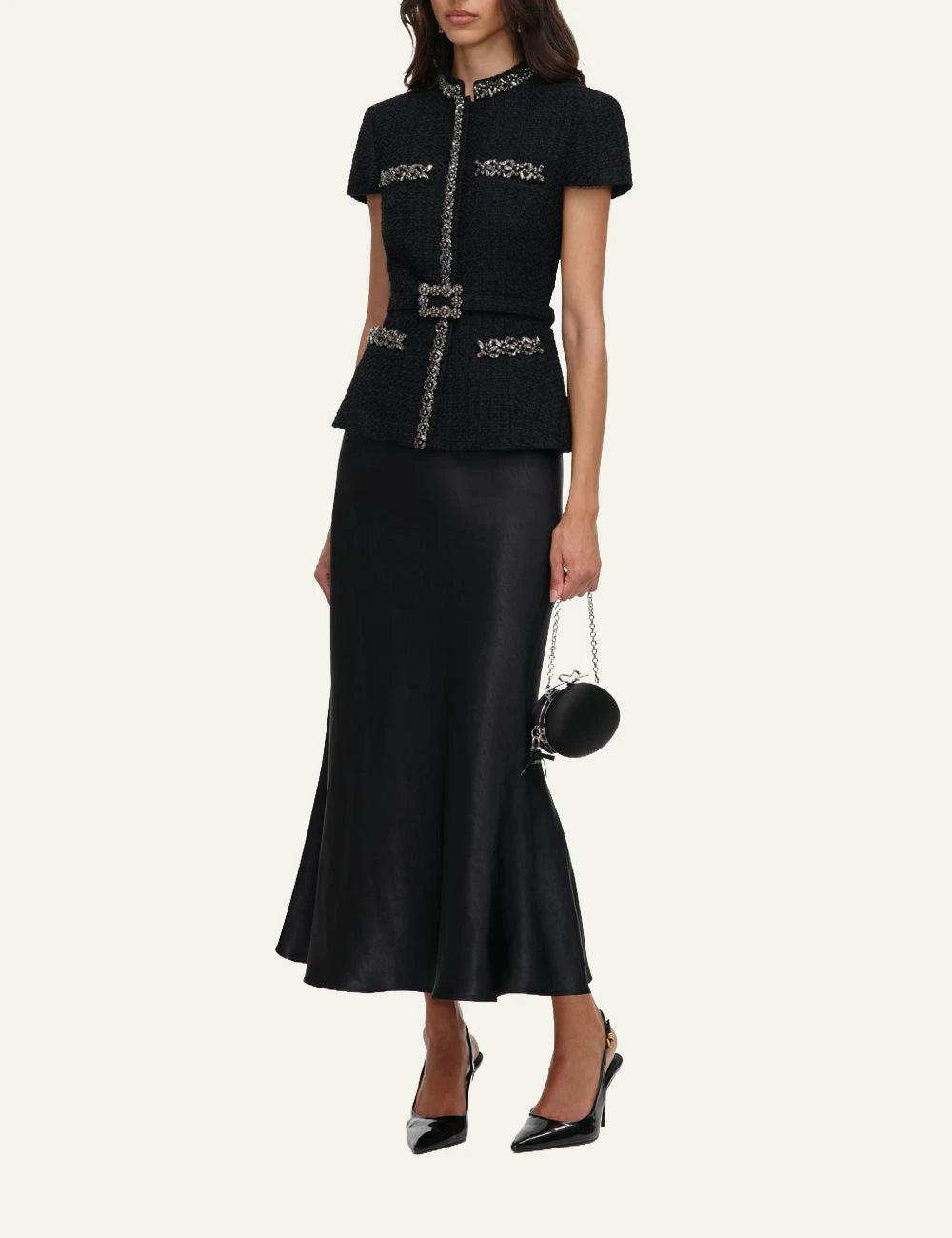 Self-Portrait Women’s Black Bouclé And Satin Midi Dress With Crystal Trims side