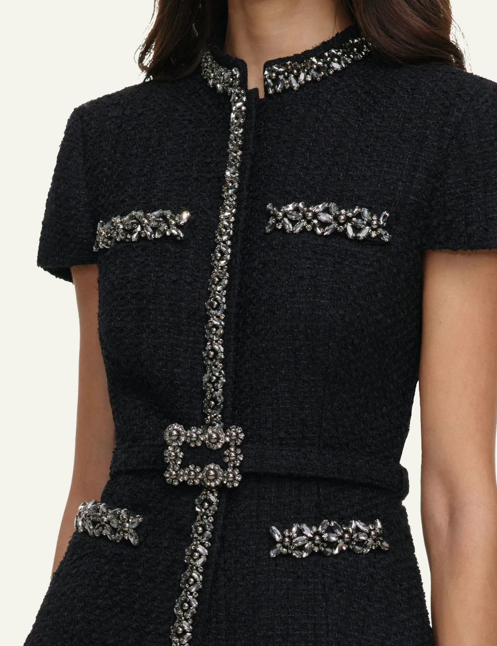 Self-Portrait Women’s Black Bouclé And Satin Midi Dress With Crystal Trims detail
