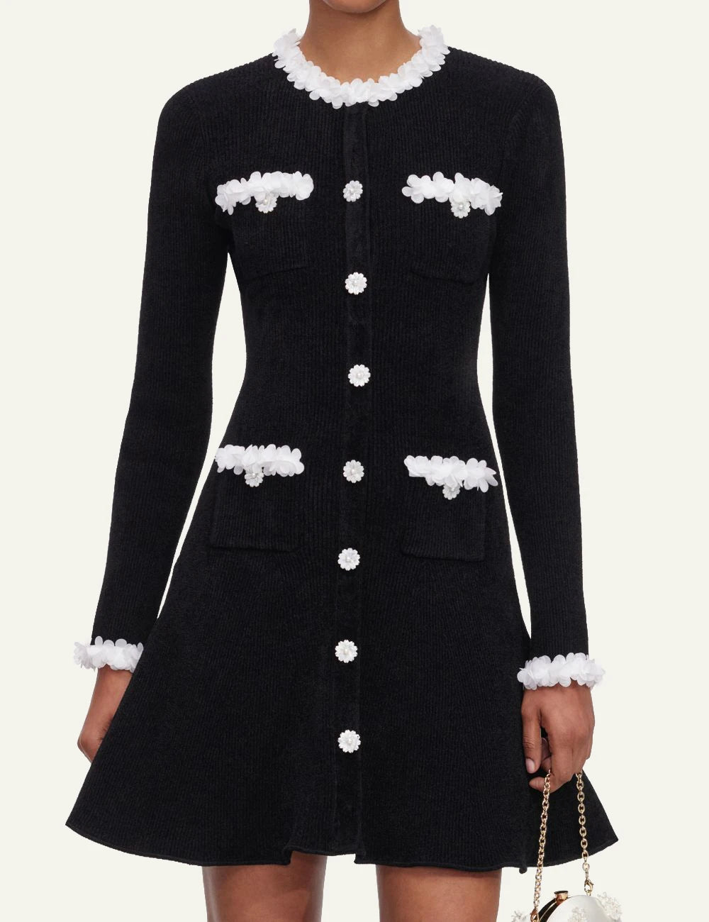 Self-Portrait Women’s Black Chenille Knit Mini Dress With White Floral Trims model