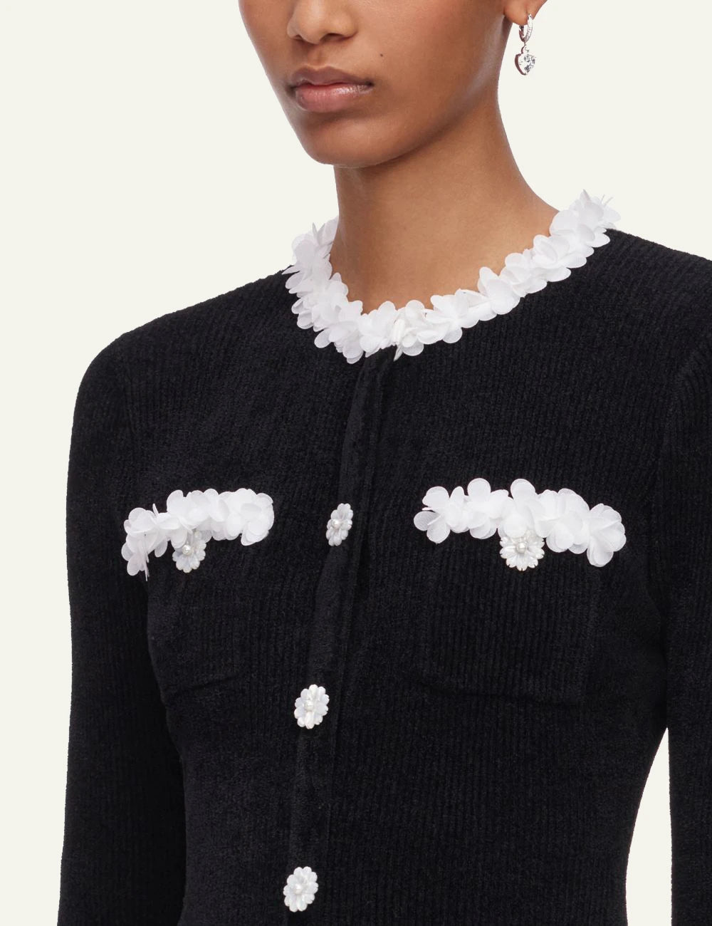 Self-Portrait Women’s Black Chenille Knit Mini Dress With White Floral Trims detail