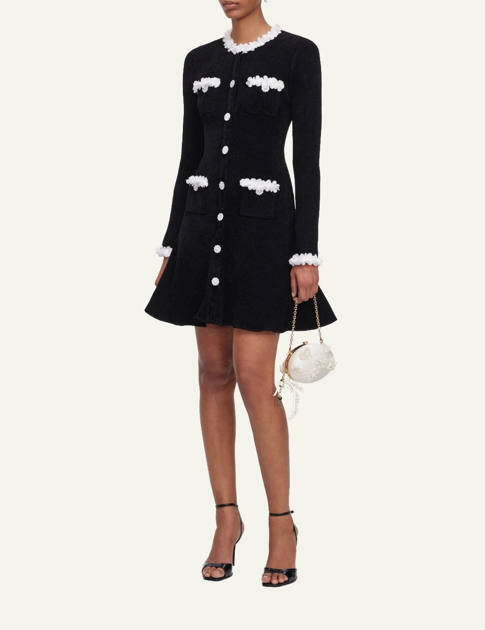 Self-Portrait Women’s Black Chenille Knit Mini Dress With White Floral Trims side